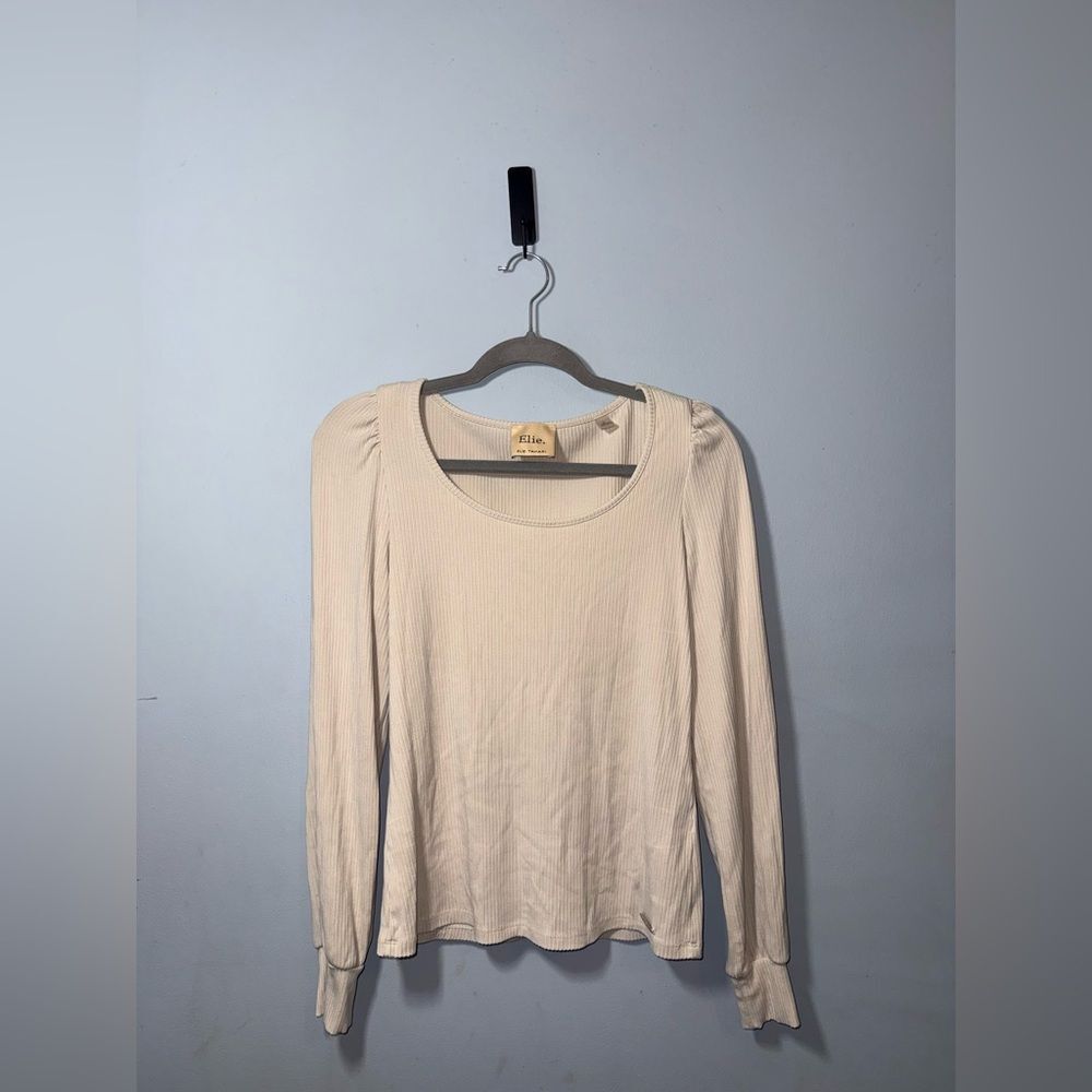 ELIE TAHARI Puff shoulder Ribbed Slimming Pullover Top Size M GUC feminine Fall